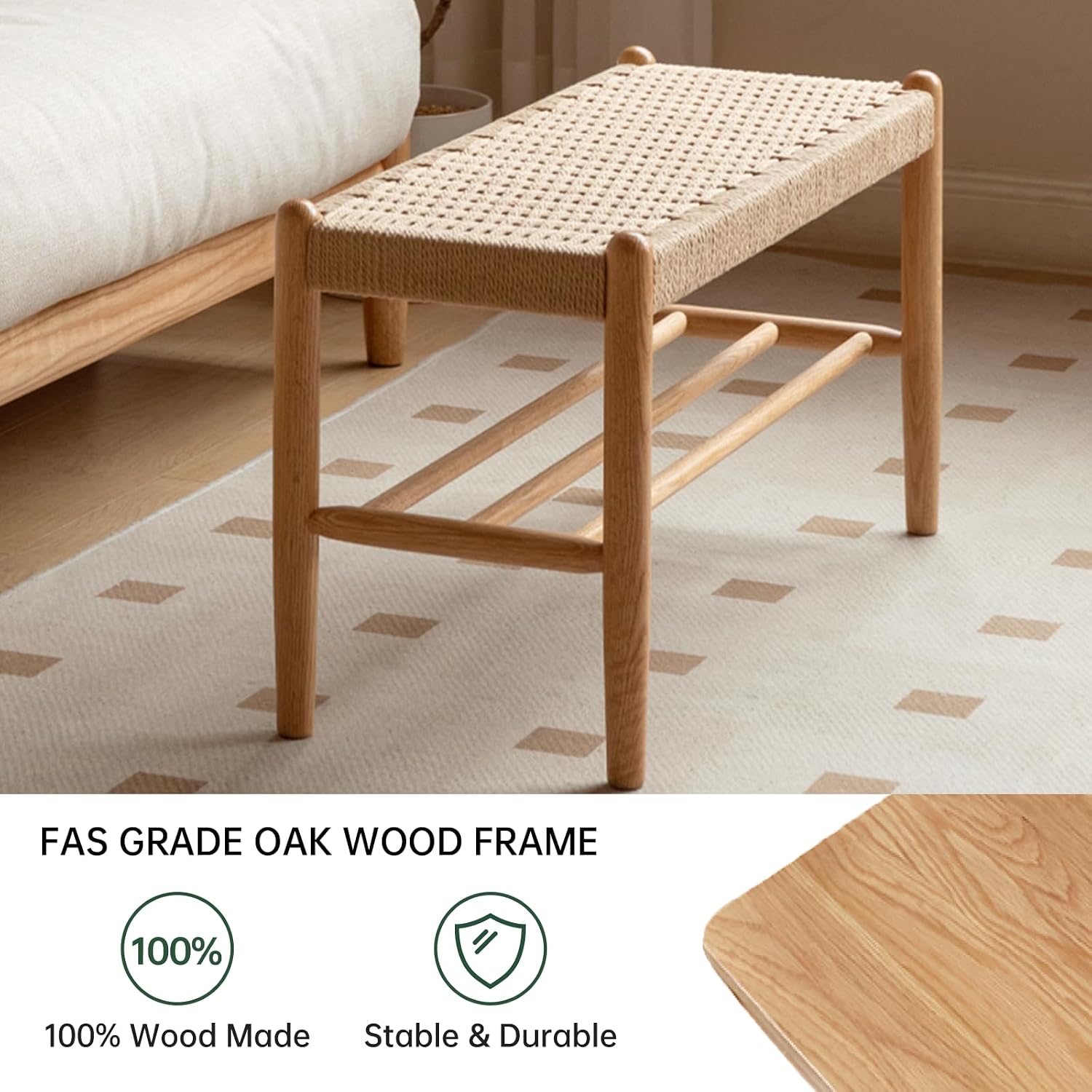 Solid Wood Woven Seat Entryway Bench