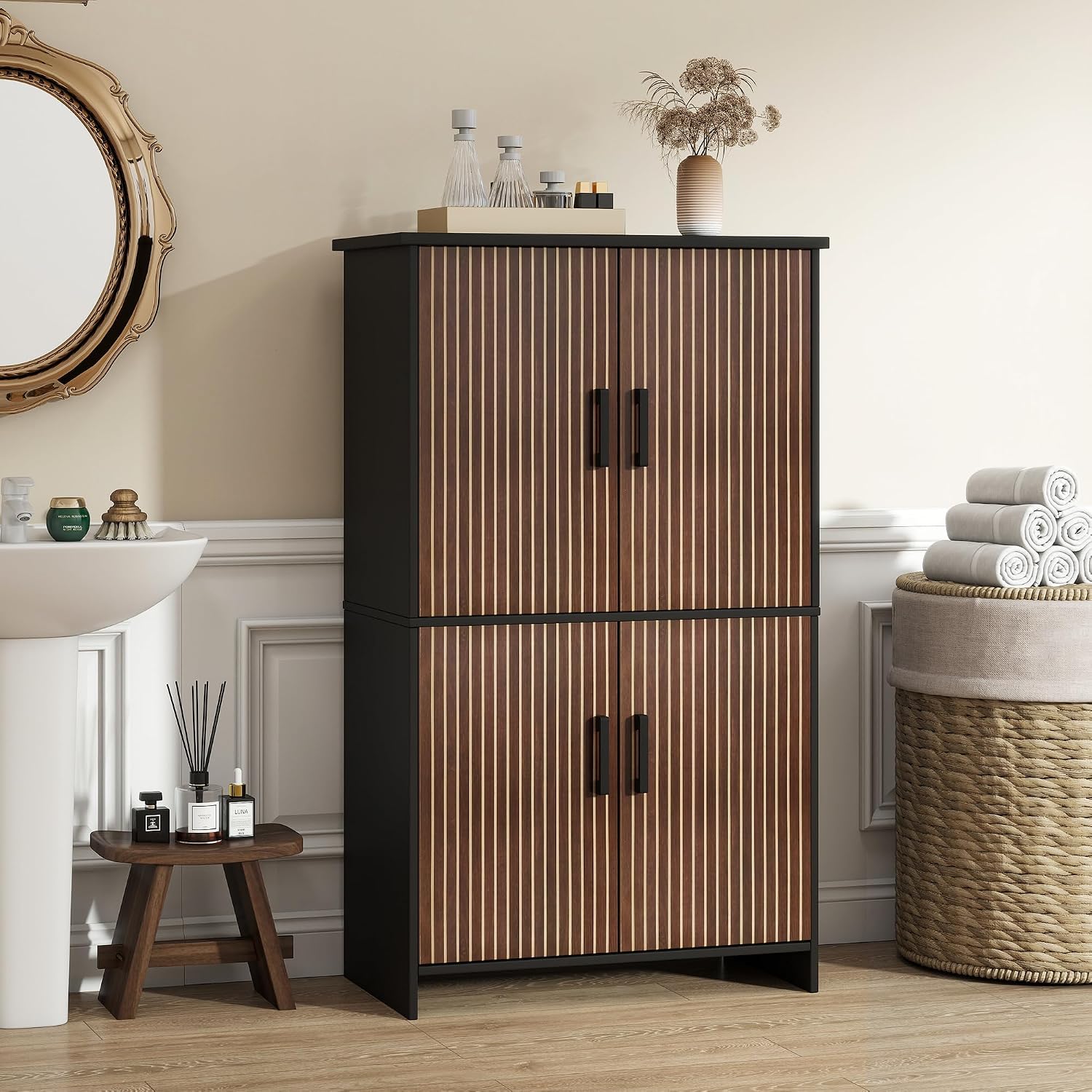 Black Fluted Door Tall Bathroom Cabinet