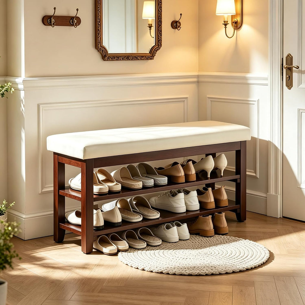 White Leather Cushion Entryway Bench