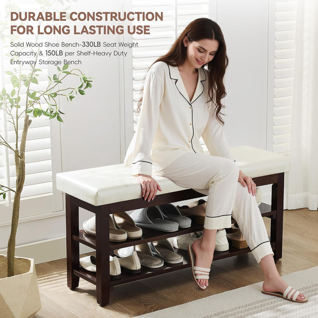 White Leather Cushion Entryway Bench