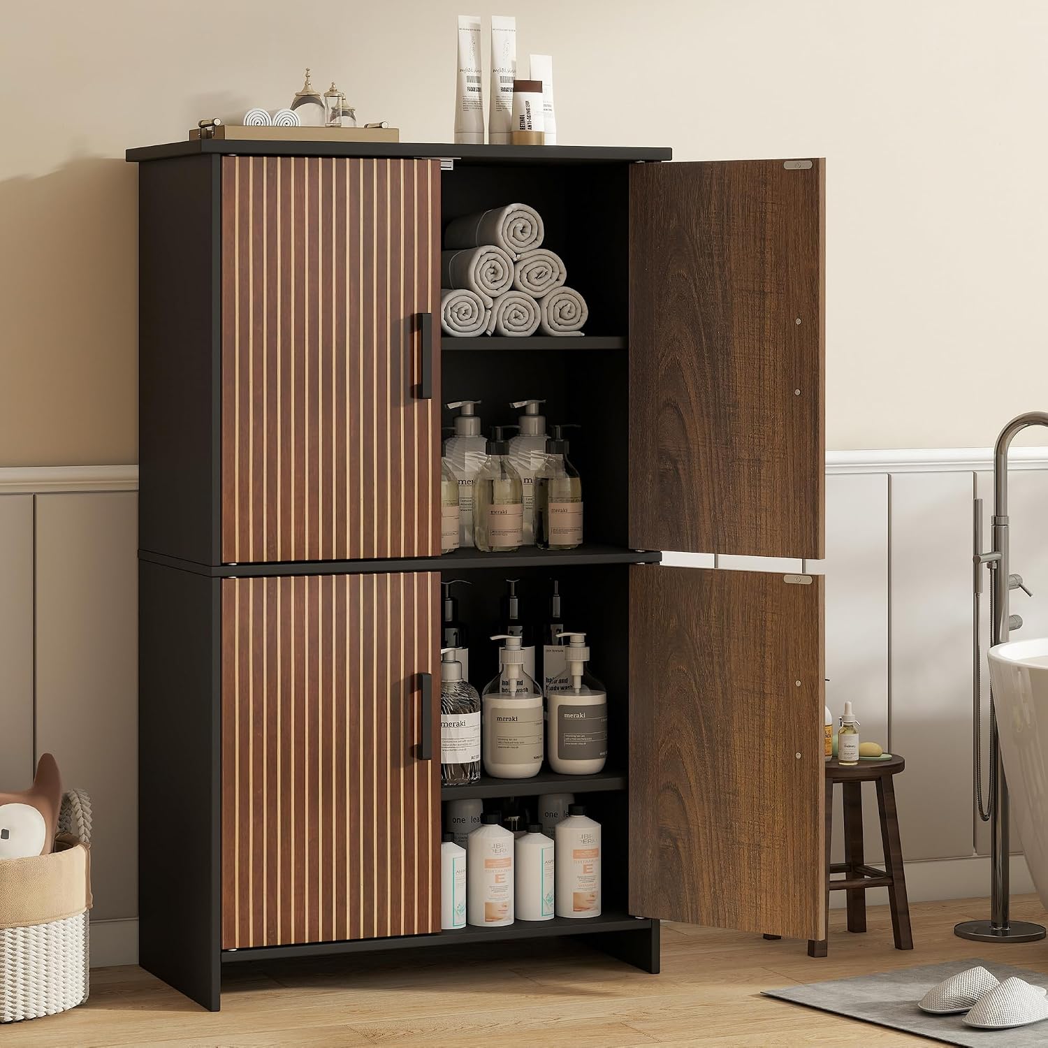 Black Fluted Door Tall Bathroom Cabinet