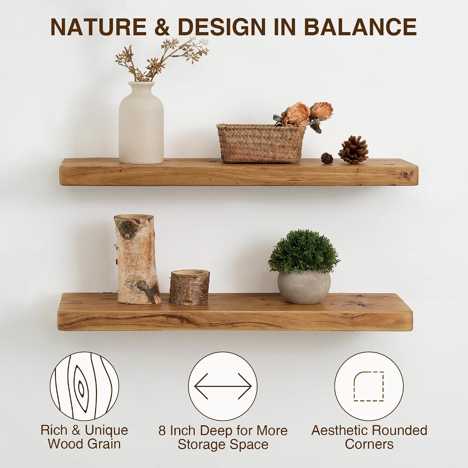 Elm Wood Floating Shelves Set of 2
