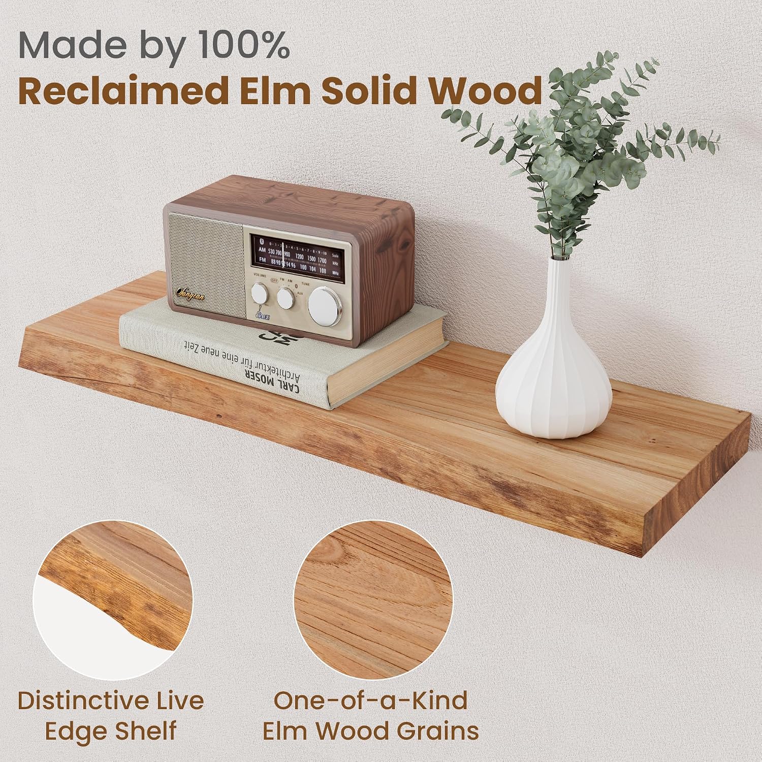 Live Edge Elm Wood Floating Shelves Set of 2